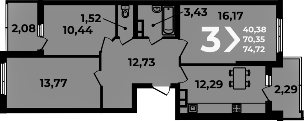 Планировка 3-комнатная 74,72 м²