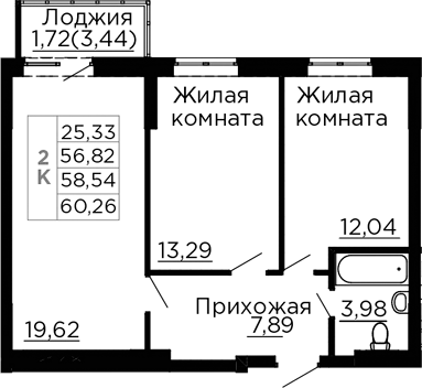 Планировка 3-комнатная 58,54 м²
