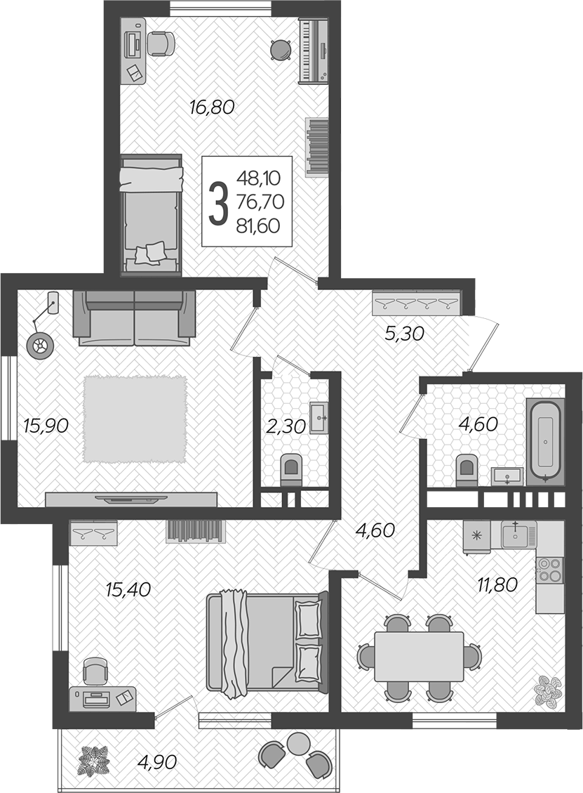 Планировка 3-комнатная 81,6 м²