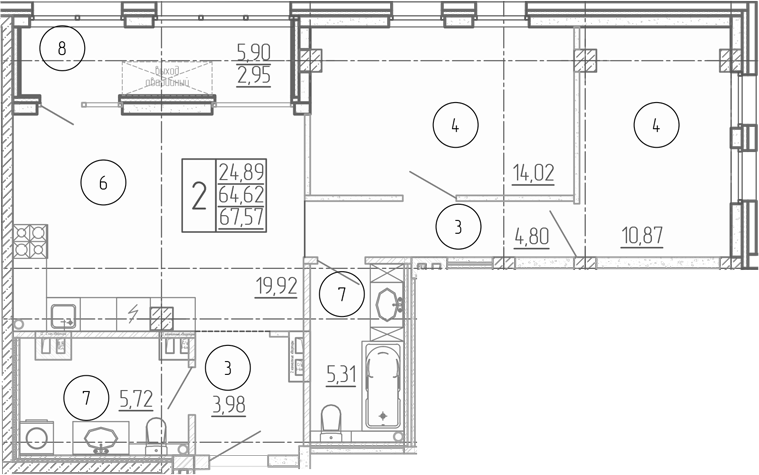 Планировка 2-комнатная 67,57 м²