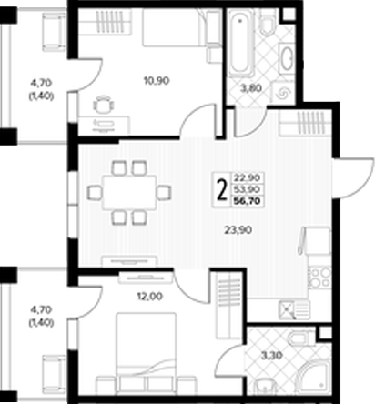 Планировка 3-комнатная 56,7 м²