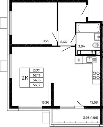 Планировка 2-комнатная 56,12 м²
