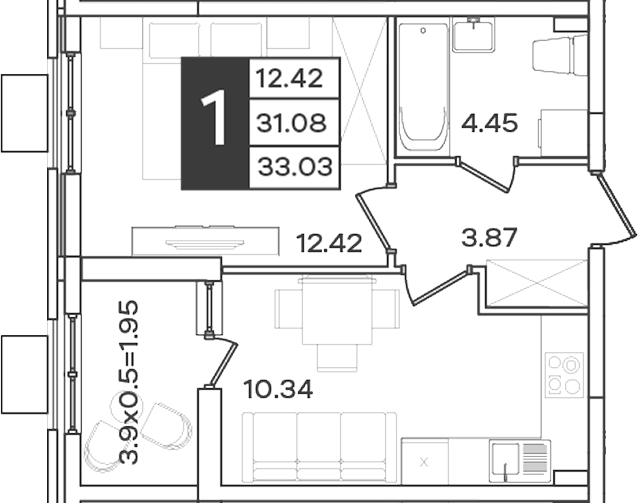 Планировка 1-комнатная 33,03 м²