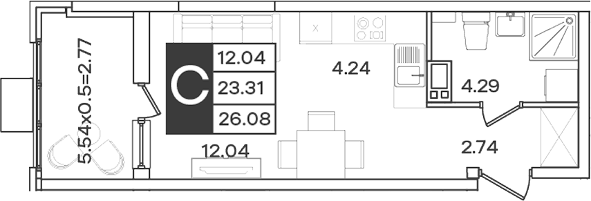 Планировка Студия 26,08 м²