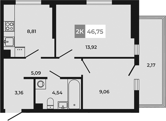 Планировка 2-комнатная 46,75 м²