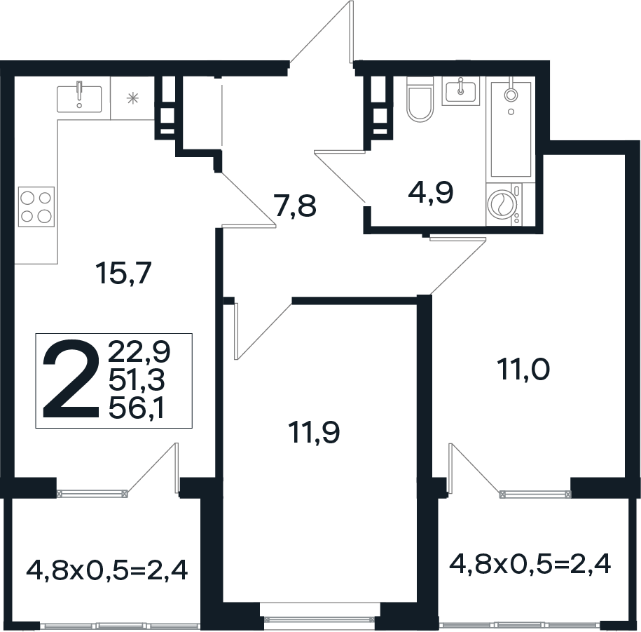Планировка 2-комнатная 56,1 м²