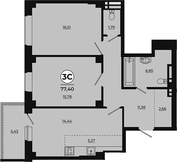 Планировка 3-комнатная 78,12 м²