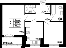 Планировка 2-комнатная 56,07 м²