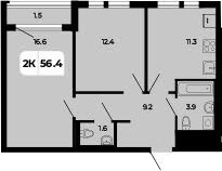 Планировка 3-комнатная 56,4 м²
