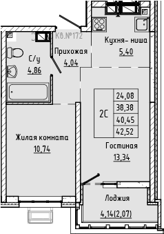 Планировка 2-комнатная 40,45 м²