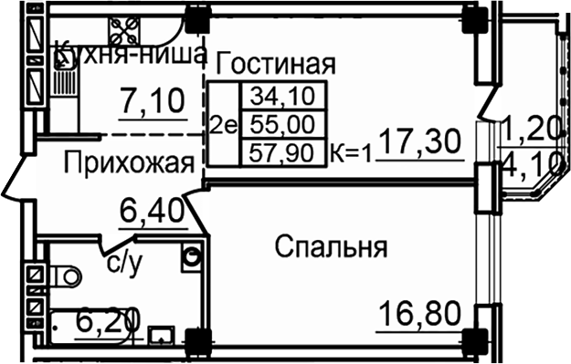 Планировка 2-комнатная 55 м²