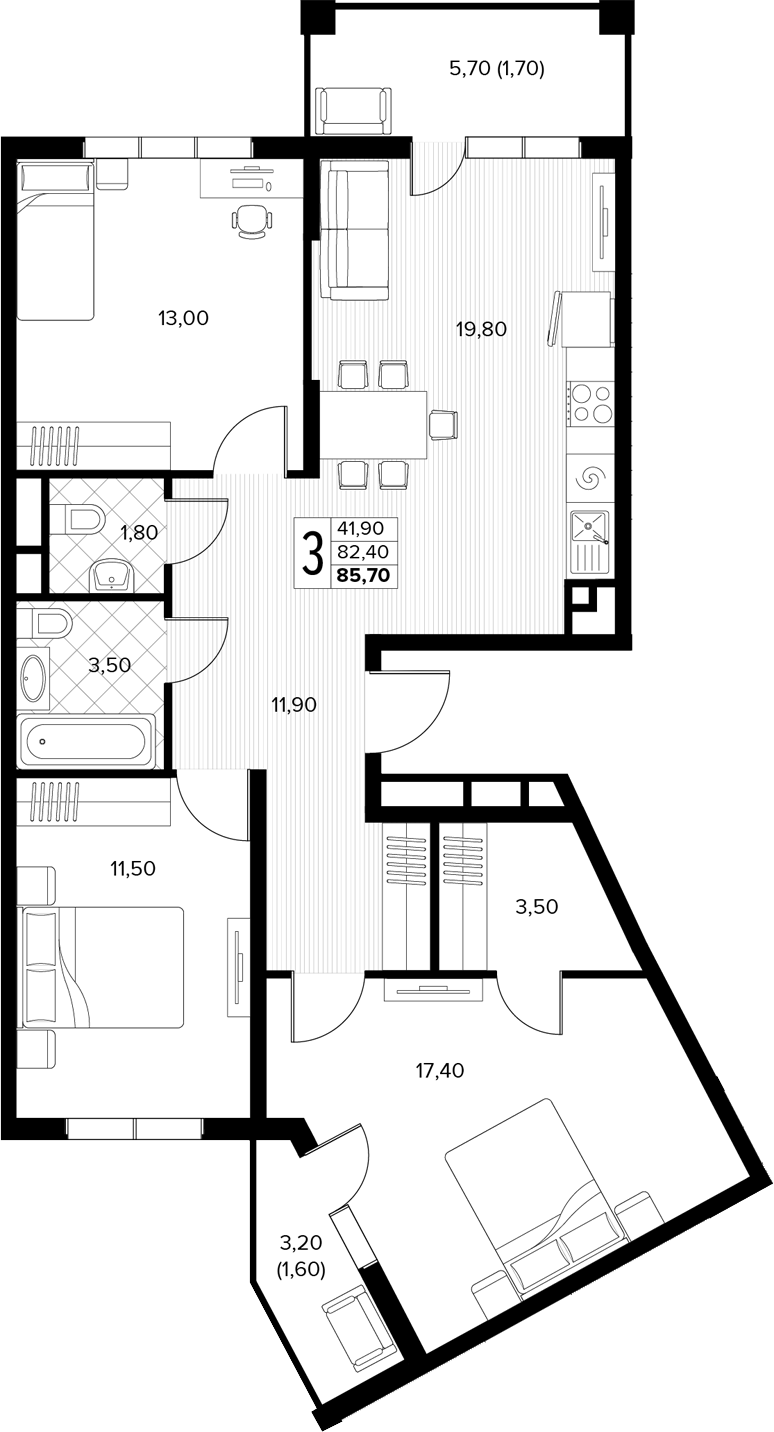 Планировка 3-комнатная 85,7 м²