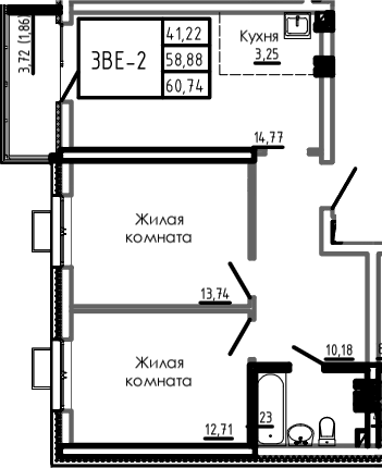 Планировка 3-комнатная 60,39 м²