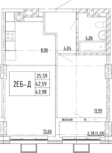 Планировка 2-комнатная 43,98 м²