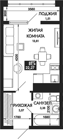 Планировка Студия 22,27 м²