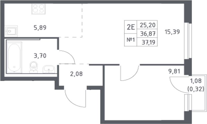 Планировка 2-комнатная 37,19 м²