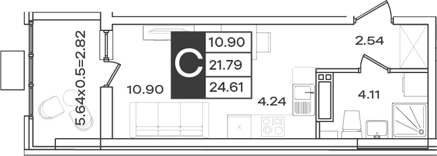 Планировка Студия 24,61 м²