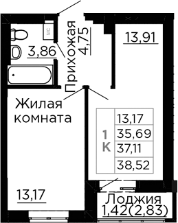 Планировка 1-комнатная 37,11 м²
