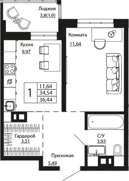 Планировка 1-комнатная 35,84 м²