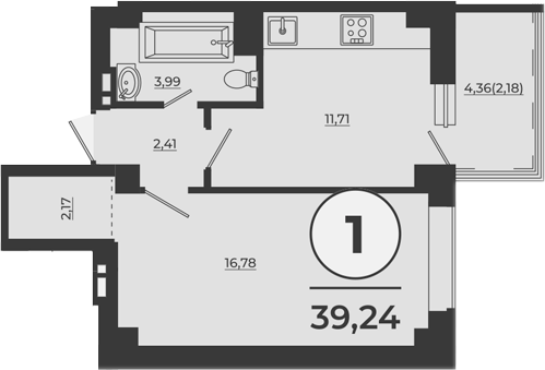 Планировка 1-комнатная 38,67 м²