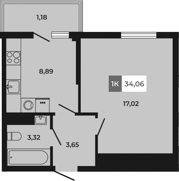 Планировка 1-комнатная 34,06 м²