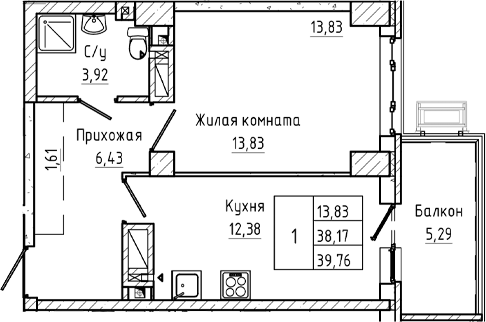 Планировка 1-комнатная 39,76 м²