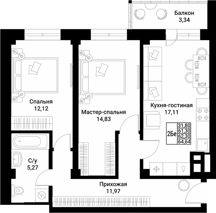 Планировка 2-комнатная 62,3 м²
