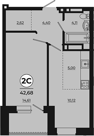 Планировка 2-комнатная 42,38 м²