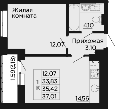 Планировка 1-комнатная 35,42 м²