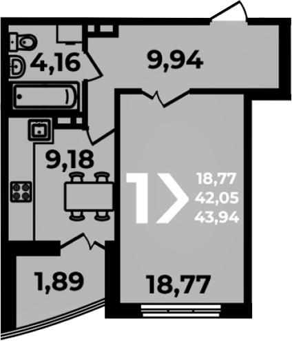 Планировка 1-комнатная 43,94 м²