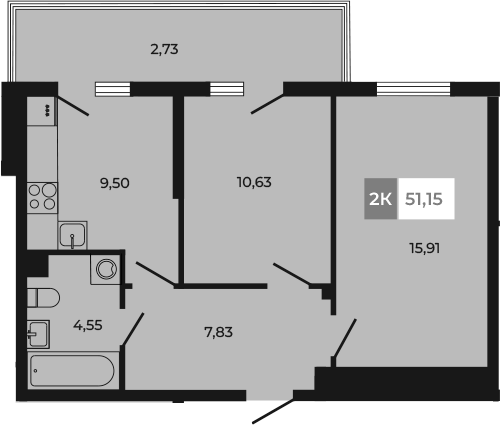 Планировка 2-комнатная 51,15 м²