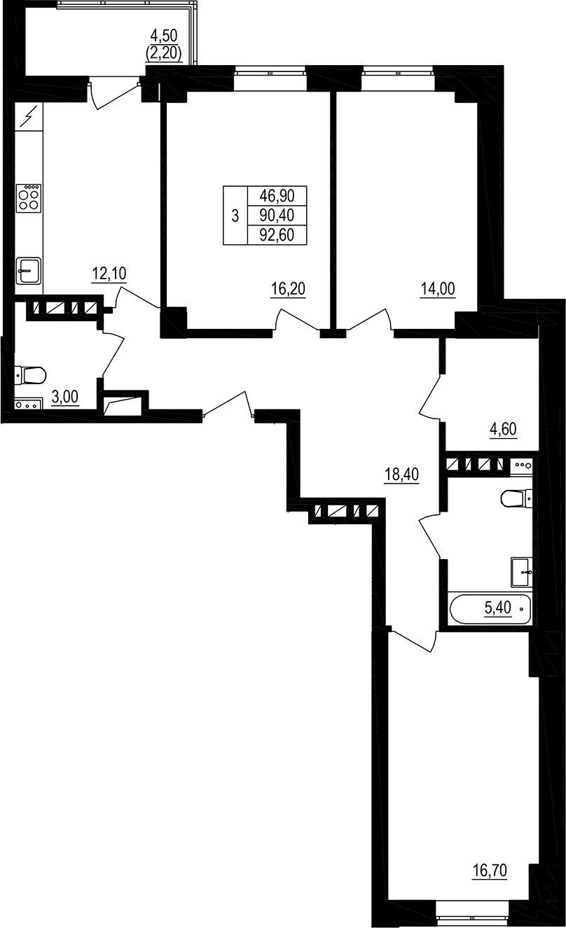 Планировка 3-комнатная 96 м²