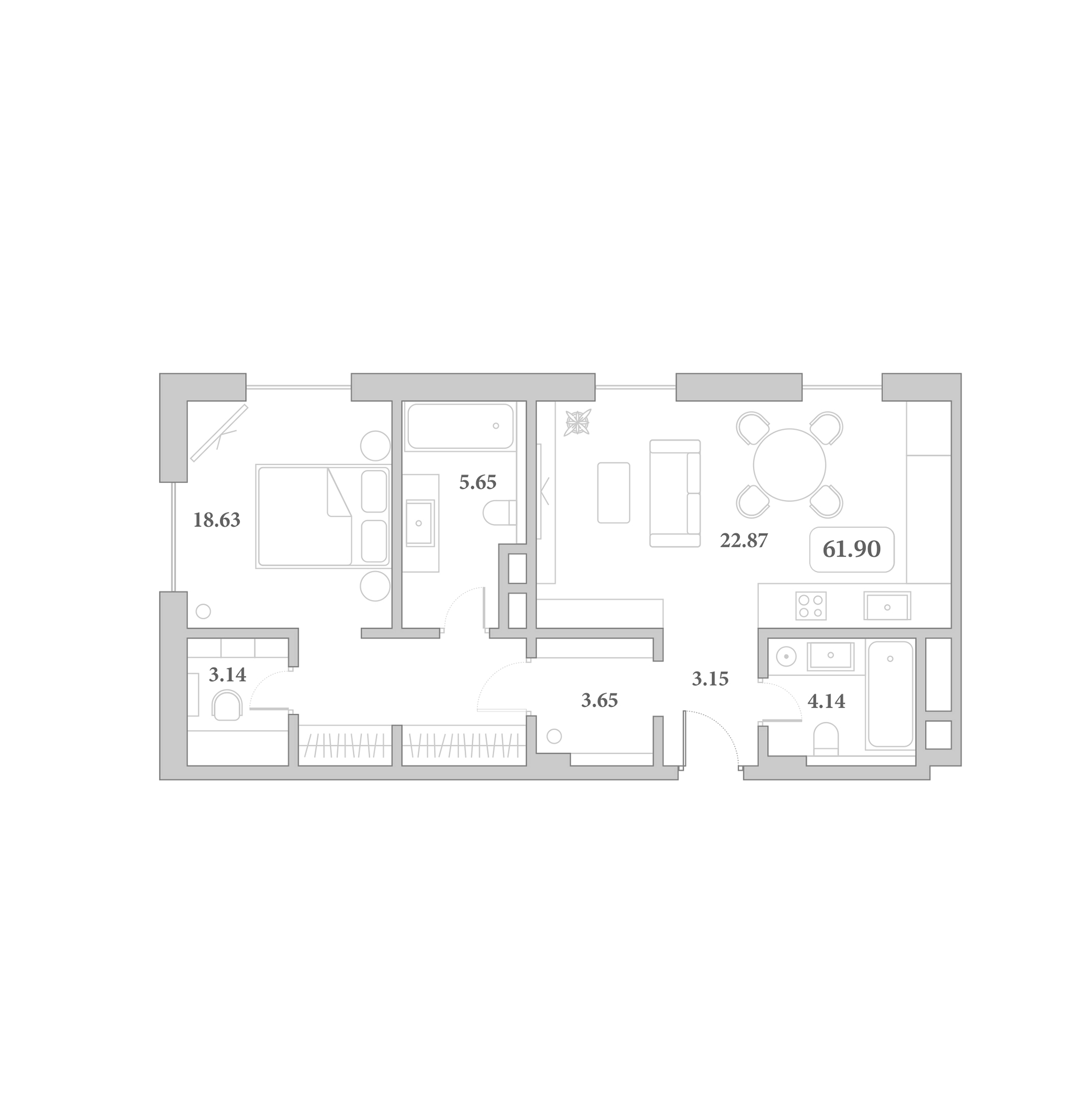Планировка 2-комнатная 61,9 м²
