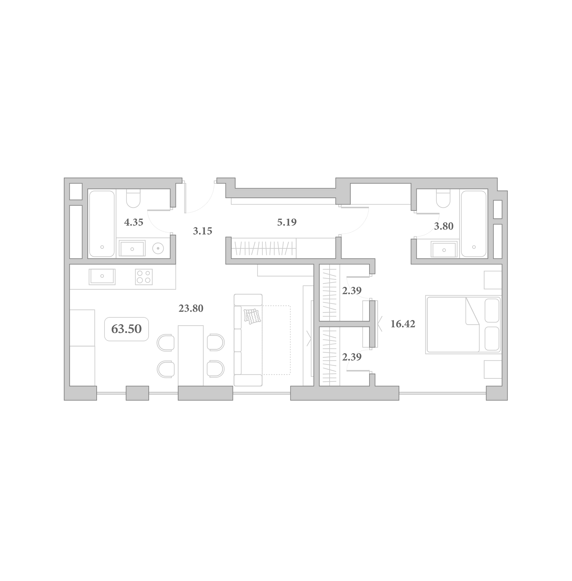 Планировка 2-комнатная 63,5 м²