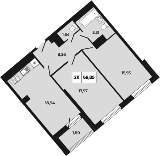 Планировка 2-комнатная 69,85 м²