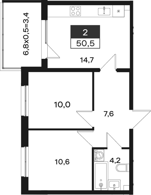 Планировка 2-комнатная 50,5 м²