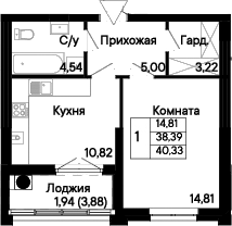 Планировка 1-комнатная 40,33 м²