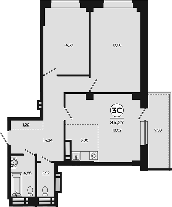 Планировка 3-комнатная 83,61 м²