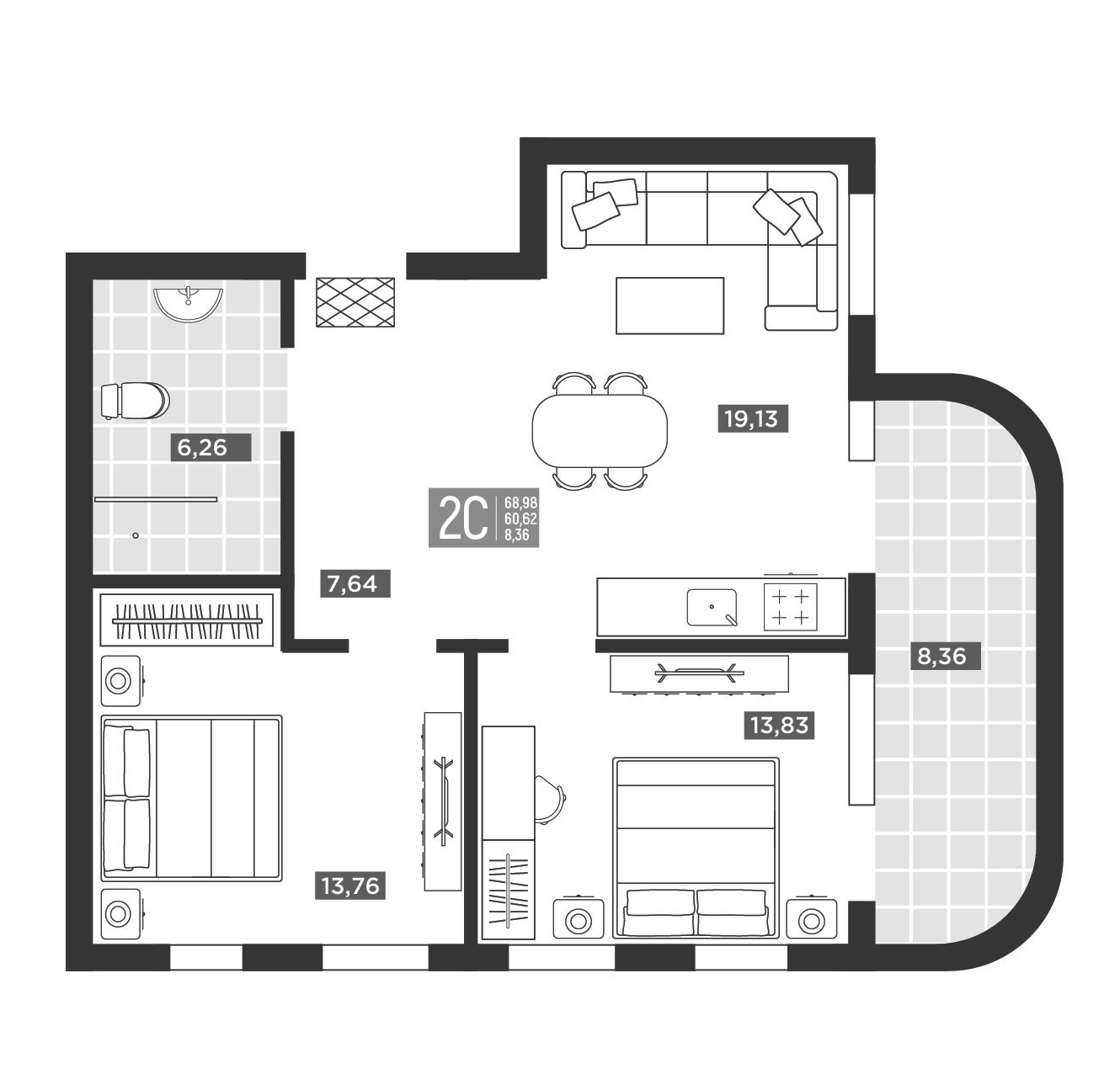Планировка 3-комнатная 68,98 м²