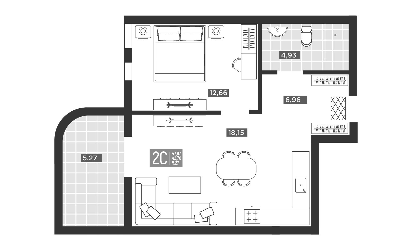 Планировка 2-комнатная 47,97 м²