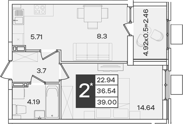 Планировка 2-комнатная 39 м²