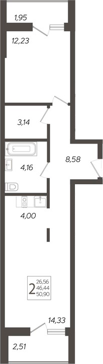 Планировка 2-комнатная 50,9 м²