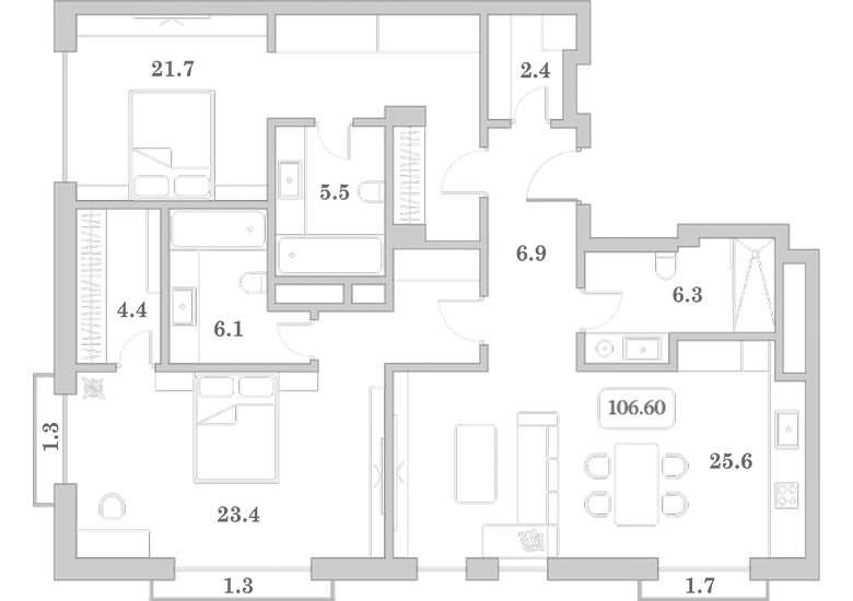 Планировка 3-комнатная 106,6 м²