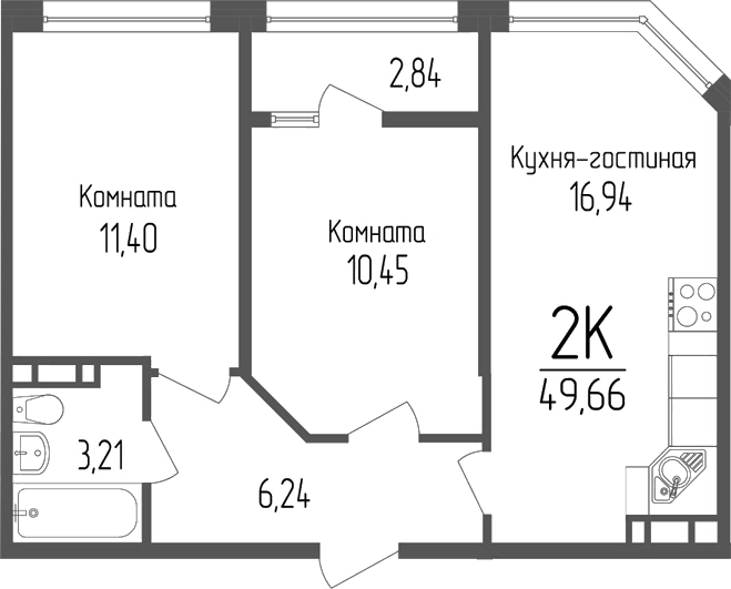 Планировка 2-комнатная 49,66 м²