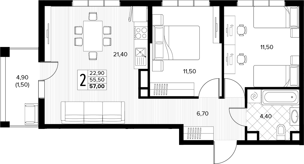 Планировка 2-комнатная 57 м²