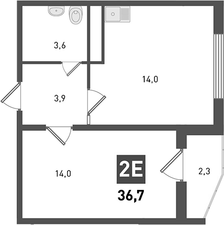 Планировка 2-комнатная 36,7 м²