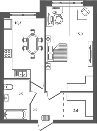 Планировка 1-комнатная 36,2 м²