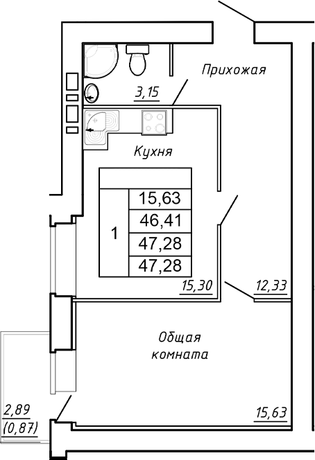 Планировка 1-комнатная 47,28 м²