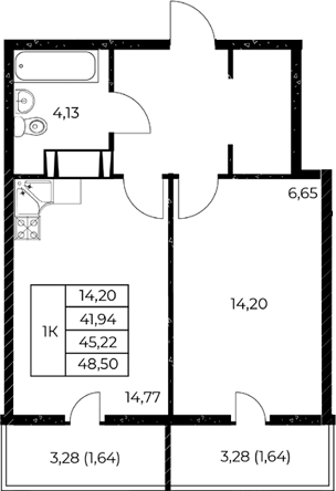 Планировка 1-комнатная 48,5 м²