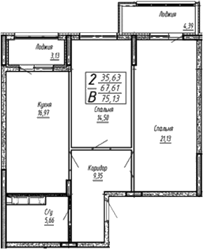 Планировка 3-комнатная 75,13 м²
